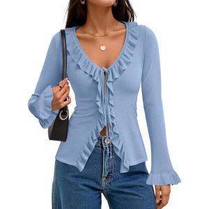 ZESICA Womens 2026 Fall Tie Front Bow Cardigan Sweaters Long Bell Sleeve V Neck Ruffled Knit Cropped Trendy Tops(Blue)
