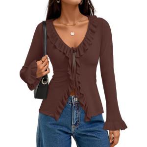 ZESICA Womens 2026 Fall Tie Front Bow Cardigan Sweaters Long Bell Sleeve V Neck Ruffled Knit Cropped Trendy Tops(Brown)