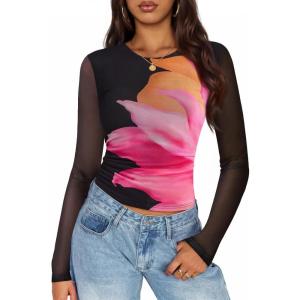 ZESICA Womens 2026 Spring Floral Mesh Going Out Tops Long Sleeve Crewneck Slim Fit Ruched Y2k Shirt Beach Vacation Outfit(Black)