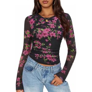 ZESICA Womens 2026 Spring Floral Mesh Going Out Tops Long Sleeve Crewneck Slim Fit Ruched Y2k Shirt Beach Vacation Outfit(Black Rose)