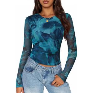 ZESICA Womens 2026 Spring Floral Mesh Going Out Tops Long Sleeve Crewneck Slim Fit Ruched Y2k Shirt Beach Vacation Outfit(Blue)