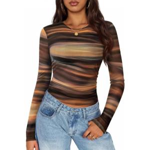 ZESICA Womens 2026 Spring Floral Mesh Going Out Tops Long Sleeve Crewneck Slim Fit Ruched Y2k Shirt Beach Vacation Outfit(Brown)