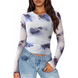 ZESICA Womens 2026 Spring Floral Mesh Going Out Tops Long Sleeve Crewneck Slim Fit Ruched Y2k Shirt Beach Vacation Outfit(Gray Blue)