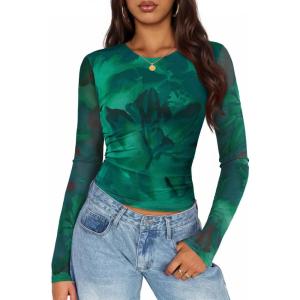 ZESICA Womens 2026 Spring Floral Mesh Going Out Tops Long Sleeve Crewneck Slim Fit Ruched Y2k Shirt Beach Vacation Outfit(Green)