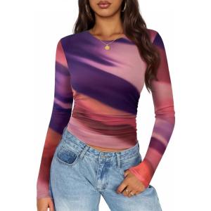 ZESICA Womens 2026 Spring Floral Mesh Going Out Tops Long Sleeve Crewneck Slim Fit Ruched Y2k Shirt Beach Vacation Outfit(Multicolour)