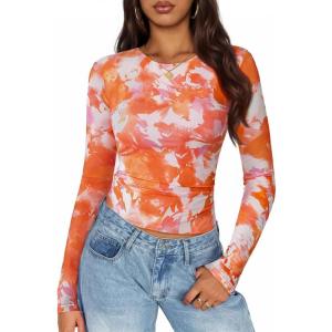 ZESICA Womens 2026 Spring Floral Mesh Going Out Tops Long Sleeve Crewneck Slim Fit Ruched Y2k Shirt Beach Vacation Outfit(Orange)