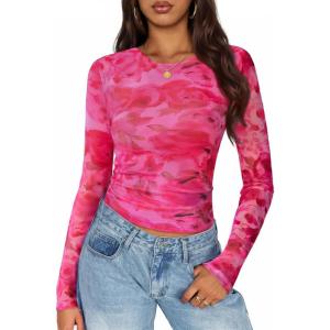 ZESICA Womens 2026 Spring Floral Mesh Going Out Tops Long Sleeve Crewneck Slim Fit Ruched Y2k Shirt Beach Vacation Outfit(Pink)