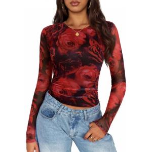 ZESICA Womens 2026 Spring Floral Mesh Going Out Tops Long Sleeve Crewneck Slim Fit Ruched Y2k Shirt Beach Vacation Outfit(Red)