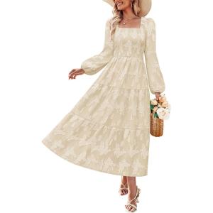 ZESICA Women’s 2026 Spring Floral Midi Dress Long Sleeve Smocked Flowy Long Wedding Guest Vacation Dresses(Apricot)