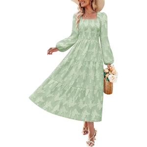 ZESICA Women’s 2026 Spring Floral Midi Dress Long Sleeve Smocked Flowy Long Wedding Guest Vacation Dresses(Sage)