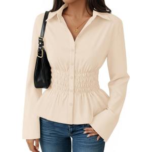 ZESICA Womens 2026 Spring Long Sleeve Blouse Business Dressy Casual Button Down Shirts Peplum Tops Fashion Trendy Clothes(Apricot)