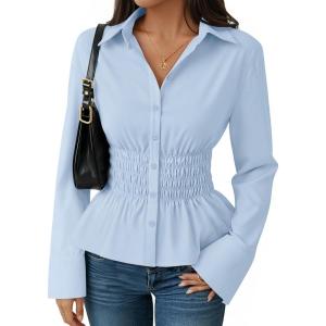 ZESICA Womens 2026 Spring Long Sleeve Blouse Business Dressy Casual Button Down Shirts Peplum Tops Fashion Trendy Clothes(Blue)