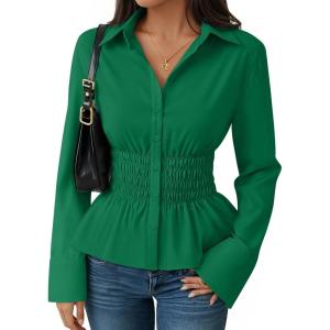 ZESICA Womens 2026 Spring Long Sleeve Blouse Business Dressy Casual Button Down Shirts Peplum Tops Fashion Trendy Clothes(Green)