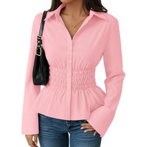 ZESICA Womens 2026 Spring Long Sleeve Blouse Business Dressy Casual Button Down Shirts Peplum Tops Fashion Trendy Clothes(Pink)