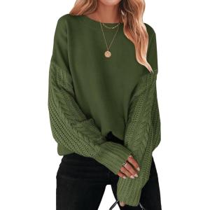 ZESICA Women’s 2026 Spring Long Sleeve Crew Neck Solid Color Cable Knit Chunky Casual Oversized Pullover Sweater Tops(Armygreen)