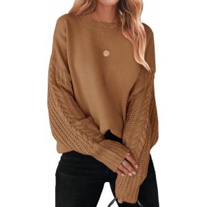 ZESICA Women’s 2026 Spring Long Sleeve Crew Neck Solid Color Cable Knit Chunky Casual Oversized Pullover Sweater Tops(Camel)