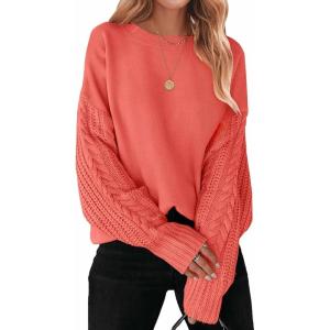 ZESICA Women’s 2026 Spring Long Sleeve Crew Neck Solid Color Cable Knit Chunky Casual Oversized Pullover Sweater Tops(Coral)