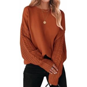 ZESICA Women’s 2026 Spring Long Sleeve Crew Neck Solid Color Cable Knit Chunky Casual Oversized Pullover Sweater Tops(Deeporange)