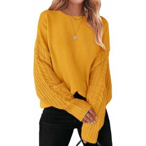 ZESICA Women’s 2026 Spring Long Sleeve Crew Neck Solid Color Cable Knit Chunky Casual Oversized Pullover Sweater Tops(Mustard)