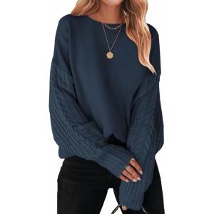 ZESICA Women’s 2026 Spring Long Sleeve Crew Neck Solid Color Cable Knit Chunky Casual Oversized Pullover Sweater Tops(Navy)