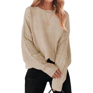 ZESICA Women’s 2026 Spring Long Sleeve Crew Neck Solid Color Cable Knit Chunky Casual Oversized Pullover Sweater Tops(Oatmeal)