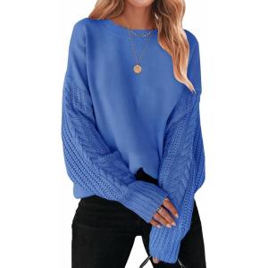 ZESICA Women’s 2026 Spring Long Sleeve Crew Neck Solid Color Cable Knit Chunky Casual Oversized Pullover Sweater Tops(Royalblue)
