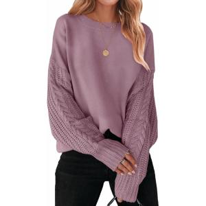 ZESICA Women’s 2026 Spring Long Sleeve Crew Neck Solid Color Cable Knit Chunky Casual Oversized Pullover Sweater Tops(Taro)