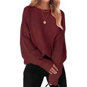 ZESICA Women’s 2026 Spring Long Sleeve Crew Neck Solid Color Cable Knit Chunky Casual Oversized Pullover Sweater Tops(Wine)