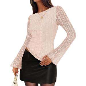 ZESICA Womens 2026 Spring Summer Lace Mesh Sleeve Tops Going Out Double Lined Slim Fit Asymmetrical Shirts Date Night Outfit(Beige)