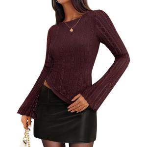 ZESICA Womens 2026 Spring Summer Lace Mesh Sleeve Tops Going Out Double Lined Slim Fit Asymmetrical Shirts Date Night Outfit(Wine)