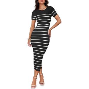 ZESICA Women’s 2026 Summer Bodycon Midi Dress Striped Short Sleeve Ribbed Knit Slim Fit Side Slit Vacation Long Dresses(Black)