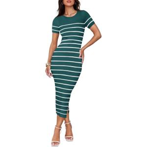 ZESICA Women’s 2026 Summer Bodycon Midi Dress Striped Short Sleeve Ribbed Knit Slim Fit Side Slit Vacation Long Dresses(Teal)