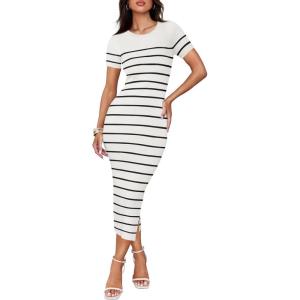 ZESICA Women’s 2026 Summer Bodycon Midi Dress Striped Short Sleeve Ribbed Knit Slim Fit Side Slit Vacation Long Dresses(White)