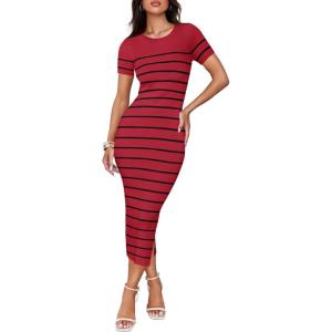 ZESICA Women’s 2026 Summer Bodycon Midi Dress Striped Short Sleeve Ribbed Knit Slim Fit Side Slit Vacation Long Dresses(Wine)