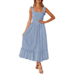 ZESICA Women’s 2026 Summer Boho Spaghetti Strap Square Neck Solid Color Ruffle A Line Beach Long Maxi Dress(Blue)