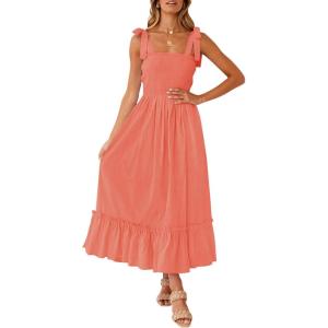 ZESICA Women’s 2026 Summer Boho Spaghetti Strap Square Neck Solid Color Ruffle A Line Beach Long Maxi Dress(Grapefruit)