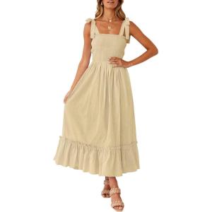 ZESICA Women’s 2026 Summer Boho Spaghetti Strap Square Neck Solid Color Ruffle A Line Beach Long Maxi Dress(Lightyellow)
