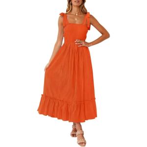 ZESICA Women’s 2026 Summer Boho Spaghetti Strap Square Neck Solid Color Ruffle A Line Beach Long Maxi Dress(Orange)