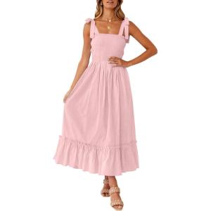 ZESICA Women’s 2026 Summer Boho Spaghetti Strap Square Neck Solid Color Ruffle A Line Beach Long Maxi Dress(Pink)