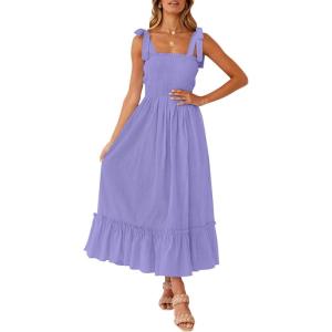 ZESICA Women’s 2026 Summer Boho Spaghetti Strap Square Neck Solid Color Ruffle A Line Beach Long Maxi Dress(Purple)