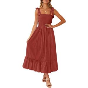ZESICA Women’s 2026 Summer Boho Spaghetti Strap Square Neck Solid Color Ruffle A Line Beach Long Maxi Dress(Rust)