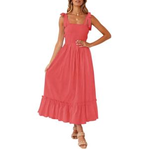 ZESICA Women’s 2026 Summer Boho Spaghetti Strap Square Neck Solid Color Ruffle A Line Beach Long Maxi Dress(Watermelon)
