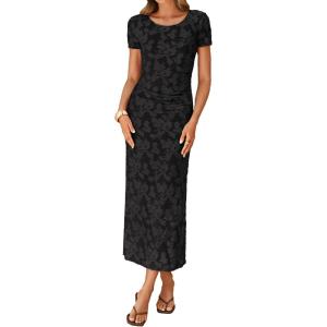 ZESICA Women’s 2026 Summer Floral Bodycon Dress Short Sleeve Ruched Mesh Wedding Guest Cocktail Party Midi Dresses(Black)