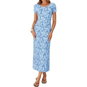 ZESICA Women’s 2026 Summer Floral Bodycon Dress Short Sleeve Ruched Mesh Wedding Guest Cocktail Party Midi Dresses(Blue)