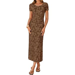ZESICA Women’s 2026 Summer Floral Bodycon Dress Short Sleeve Ruched Mesh Wedding Guest Cocktail Party Midi Dresses(Brown)