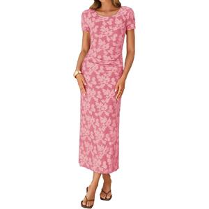 ZESICA Women’s 2026 Summer Floral Bodycon Dress Short Sleeve Ruched Mesh Wedding Guest Cocktail Party Midi Dresses(Pink)