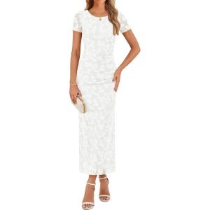 ZESICA Women’s 2026 Summer Floral Bodycon Dress Short Sleeve Ruched Mesh Wedding Guest Cocktail Party Midi Dresses(White)