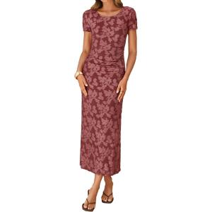ZESICA Women’s 2026 Summer Floral Bodycon Dress Short Sleeve Ruched Mesh Wedding Guest Cocktail Party Midi Dresses(Wine)