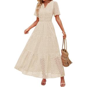 ZESICA Women’s 2026 Summer Short Sleeve Maxi Dress Casual V Neck Hollow Out Eyelet Ruffle Swing A Line Long Dresses(Apricot)