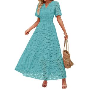 ZESICA Women’s 2026 Summer Short Sleeve Maxi Dress Casual V Neck Hollow Out Eyelet Ruffle Swing A Line Long Dresses(Aqua)